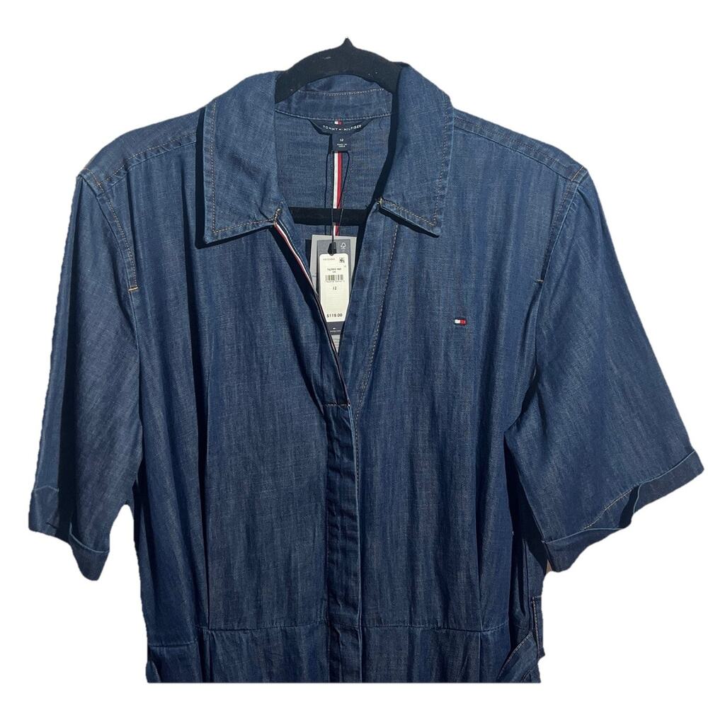 Tommy Hilfiger Denim Shirt Dress Womens 12 Blue Long Tie Waist Belted NWT